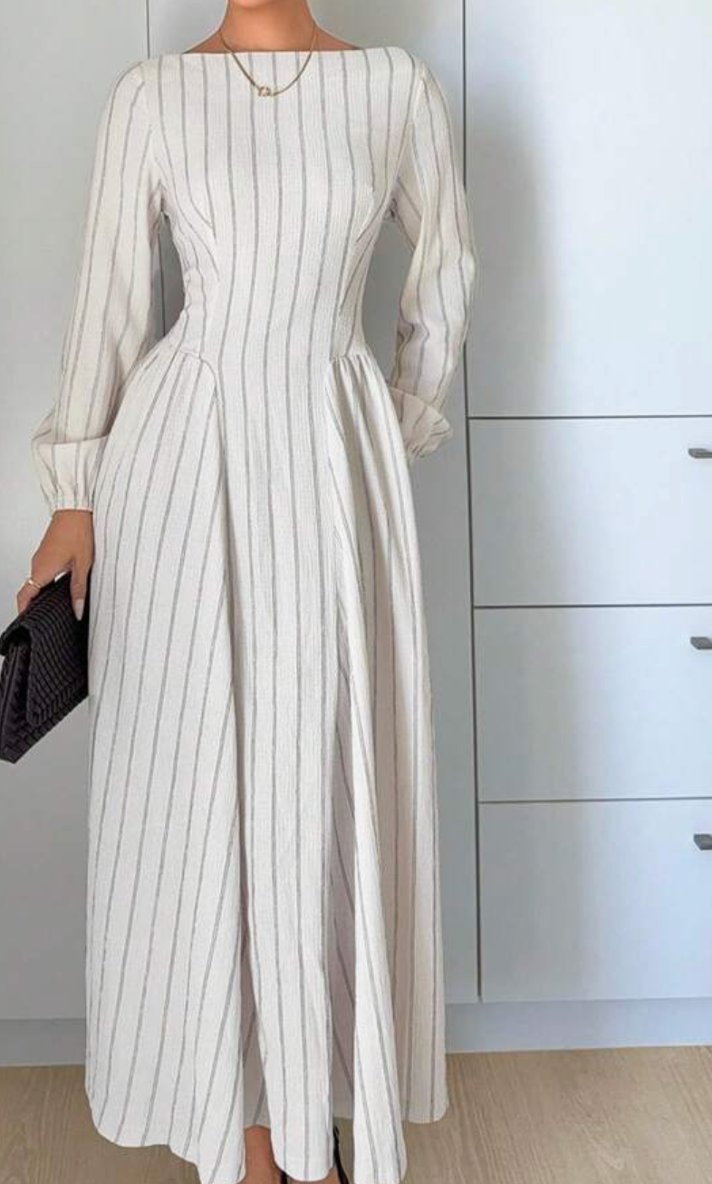 Classic White Pinstripe A-Line Maxi Dress